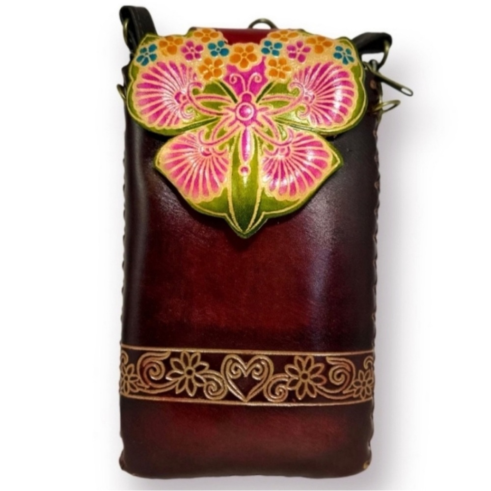 Tooled Genuine Leather Butterfly Crossbody / Wristlet
